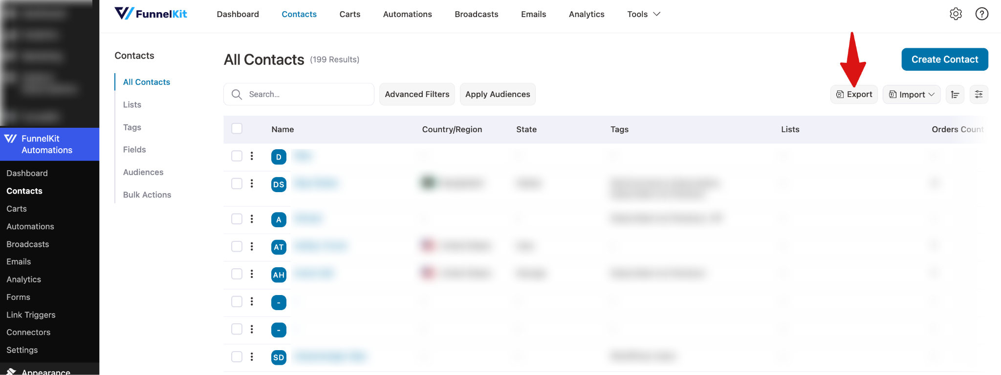 Contacts tab in FunnelKit Automations showing Export option