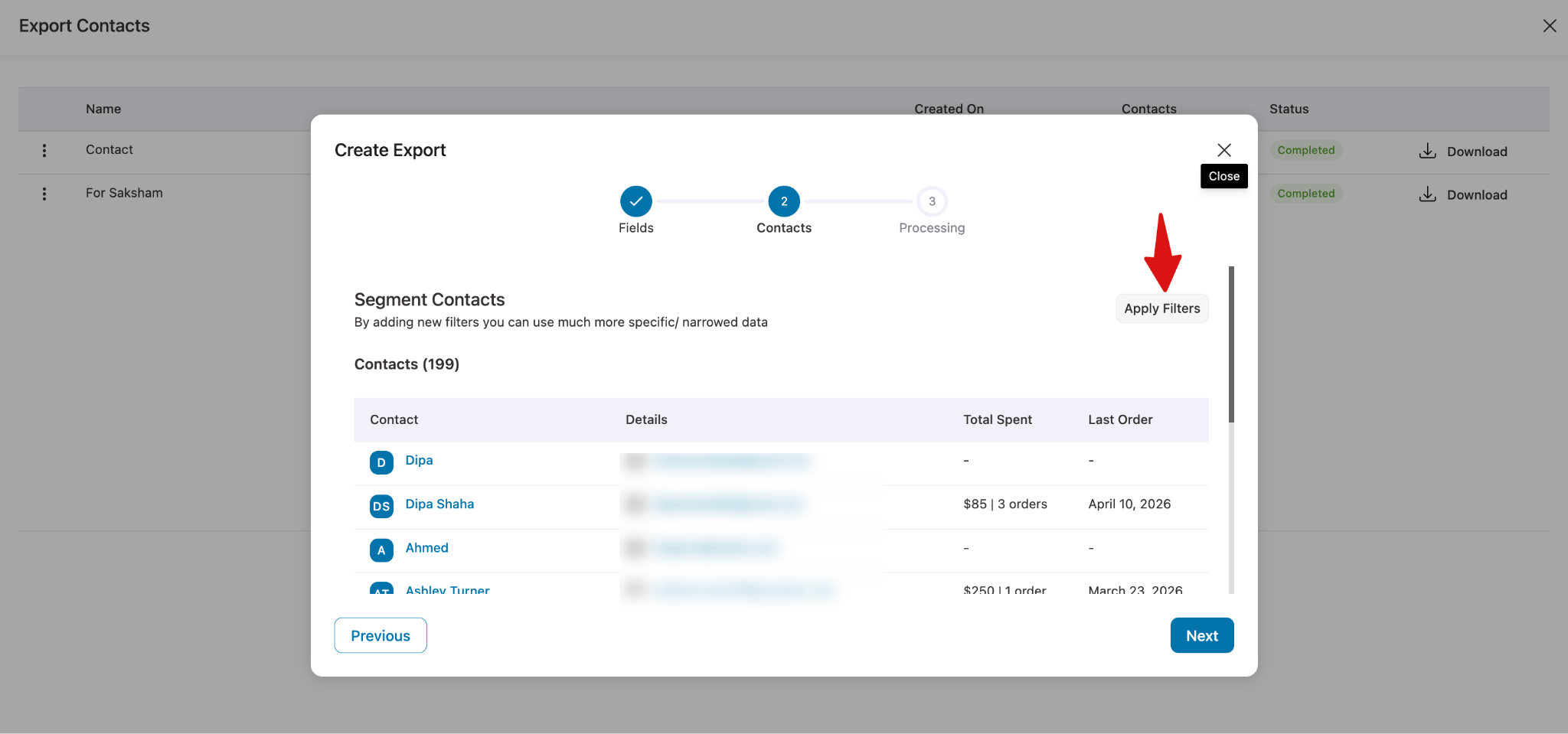 Apply Filters option to segment contacts in export
