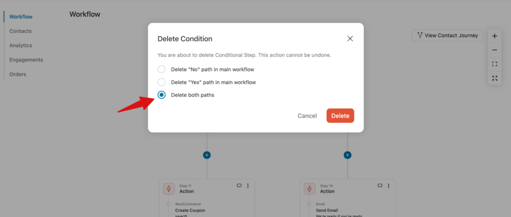 Delete condition dialog showing the options to delete the No path, Yes path, or both paths