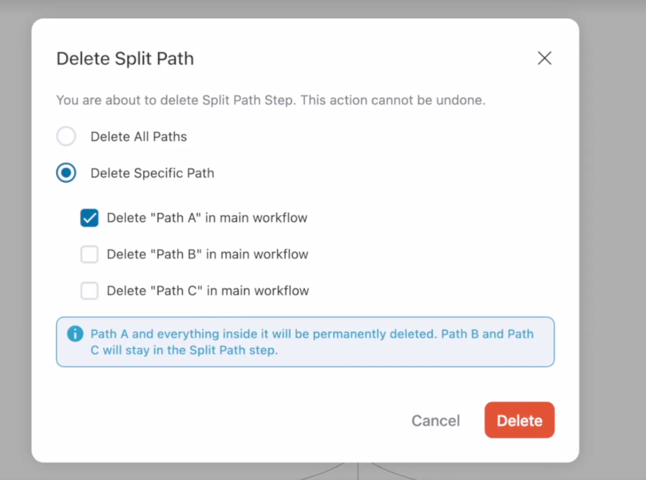 Selecting which specific path to remove from a Split step