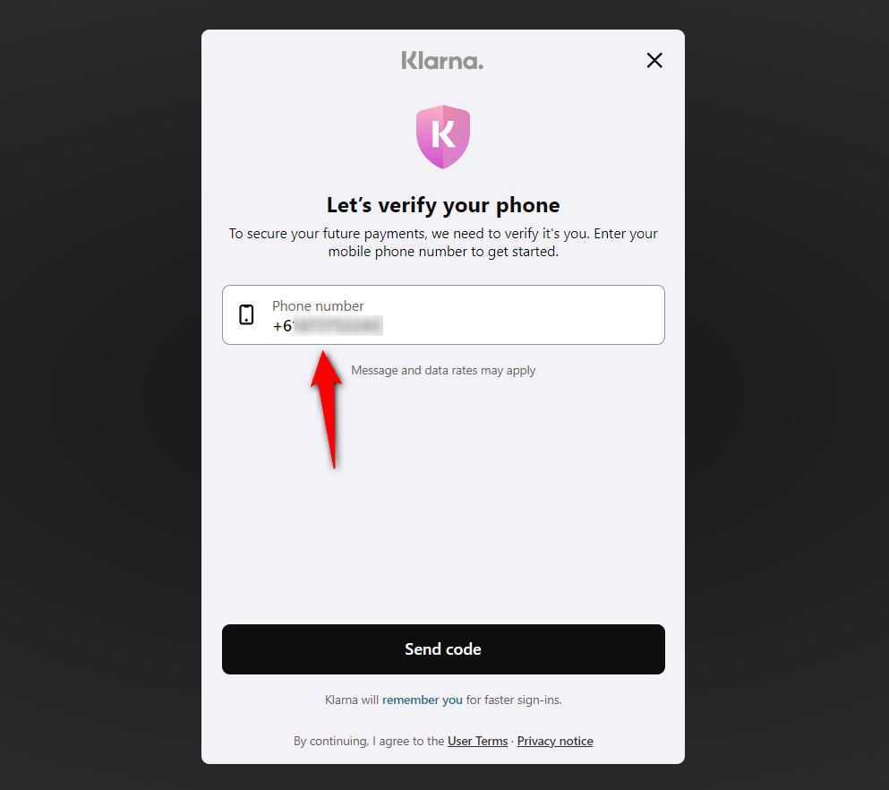 Enter your phone number for woocommerce buy now pay later klarna verification
