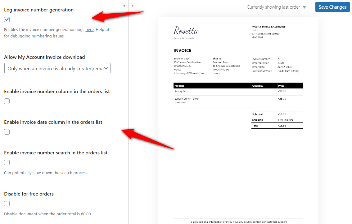 Enable log invoice number generation and allow customers to download their invoices