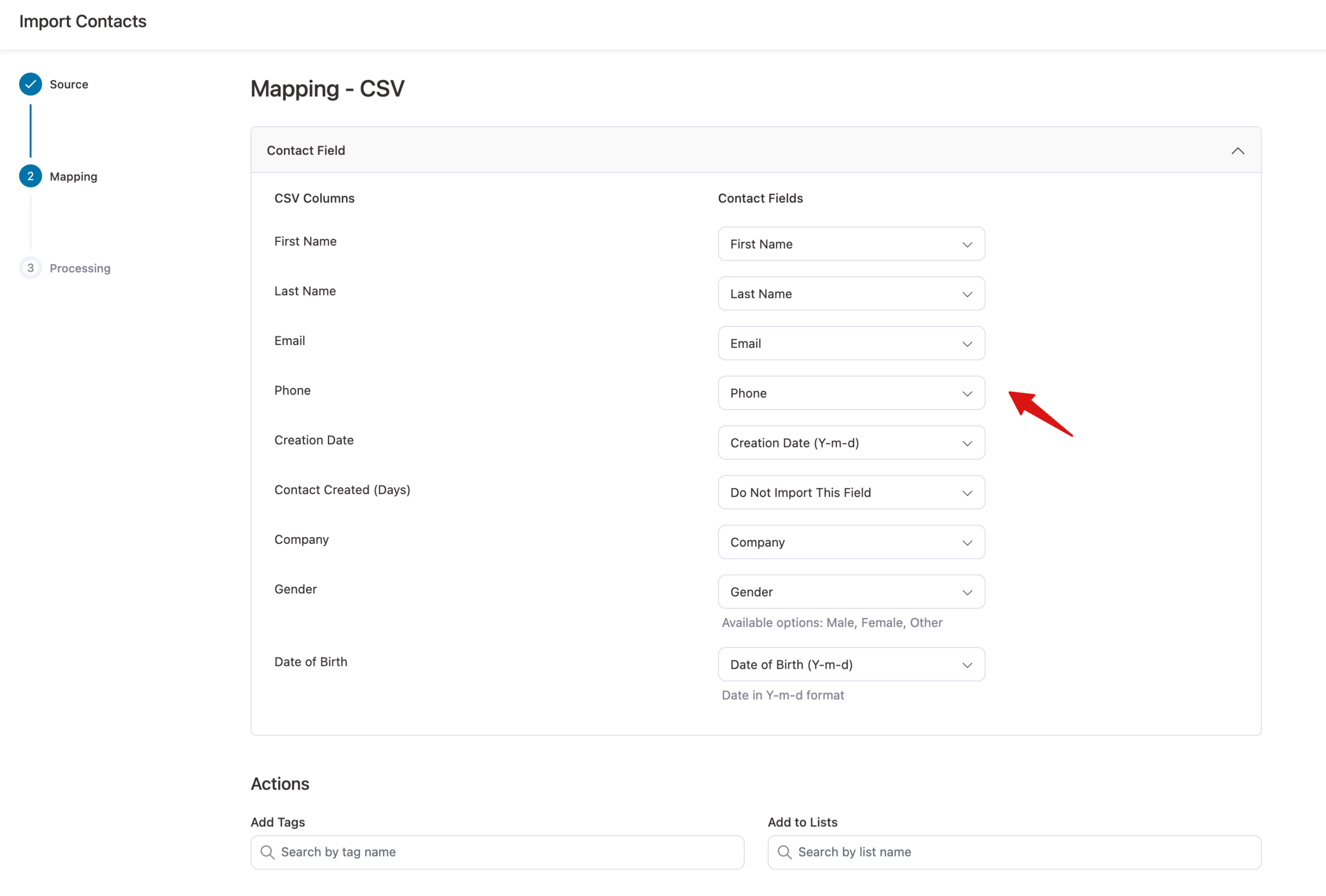 map contact field with CSV