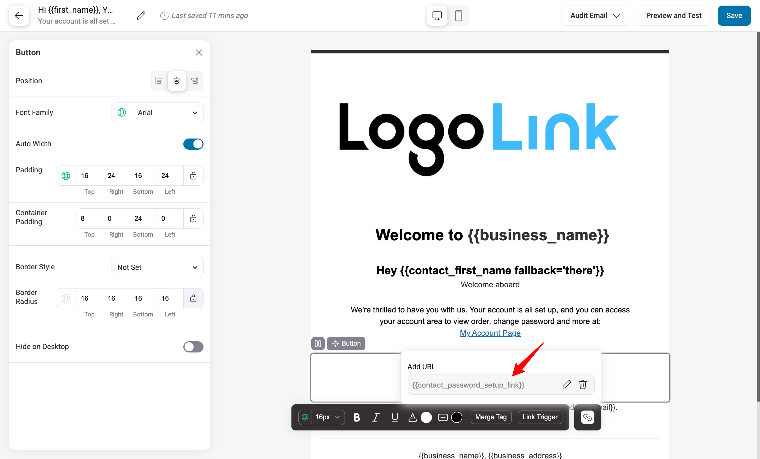 merge tag for reset password