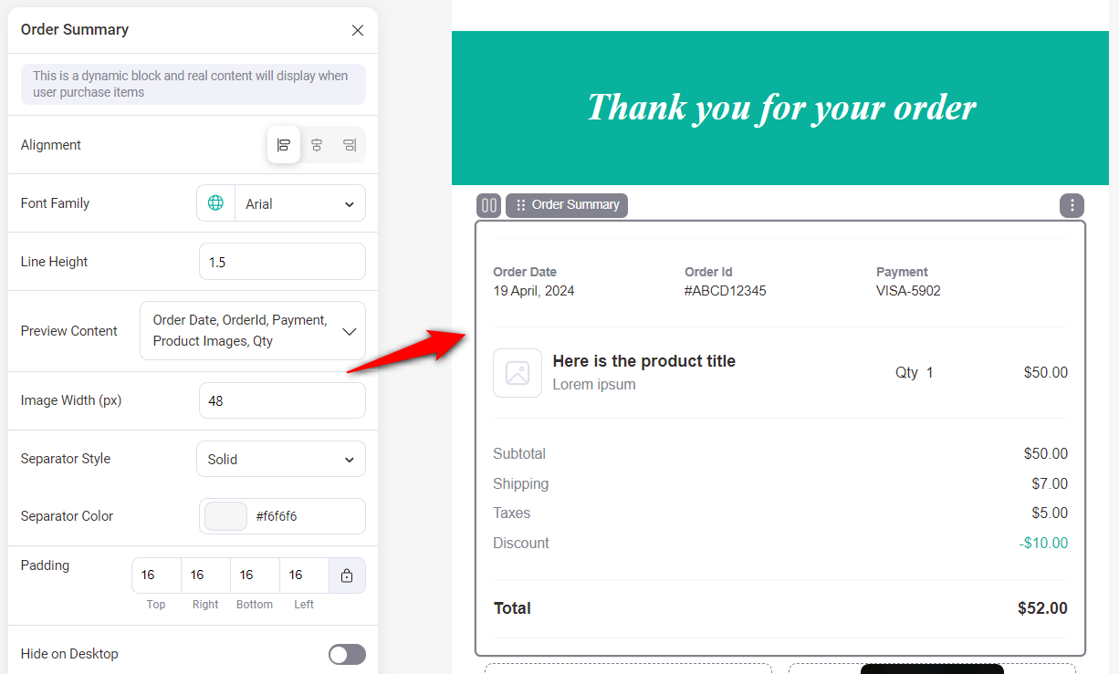 Order summary block to help you design order confirmation emails with funnelkit automations 3.0