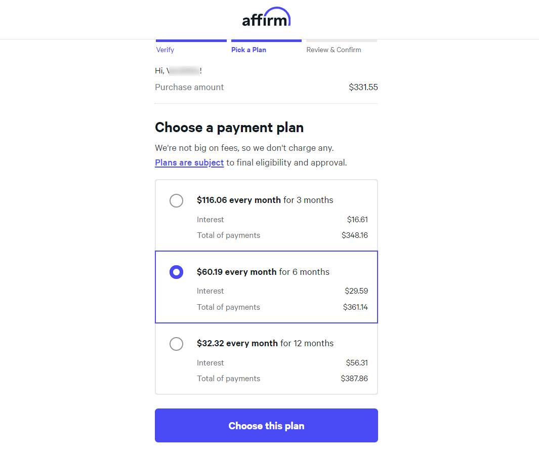 Testing woocommerce affirm payment - choose a payment plan as per the availability