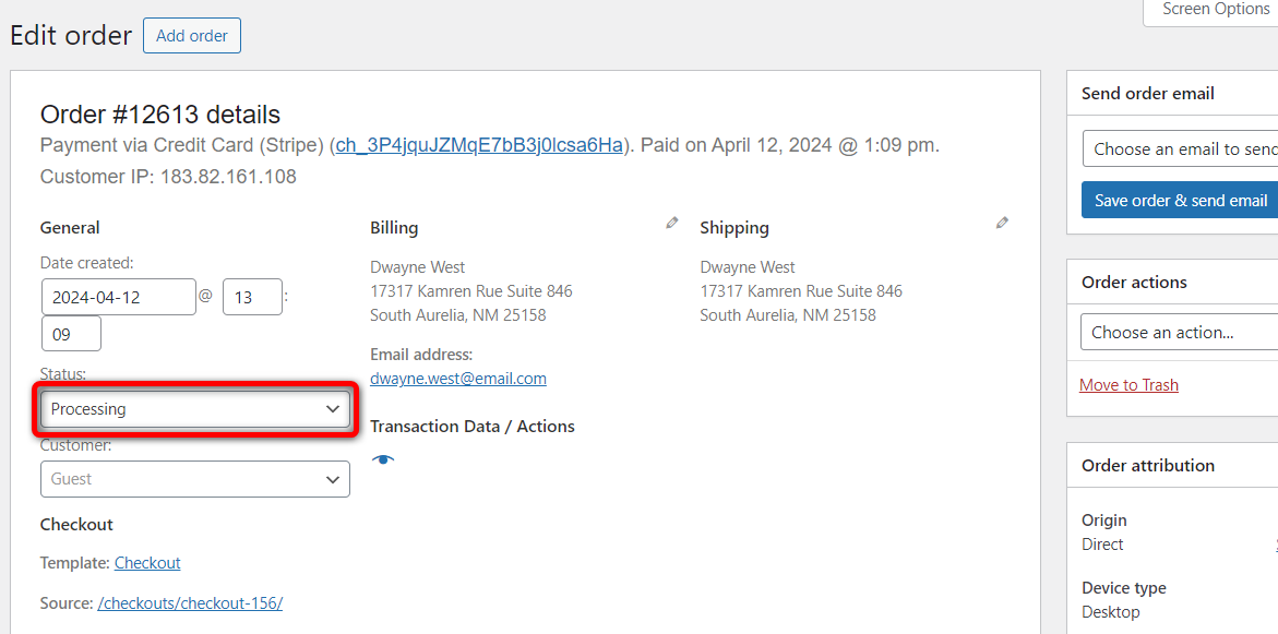 In case of charge option, if an order is placed - it automatically goes to processing order status