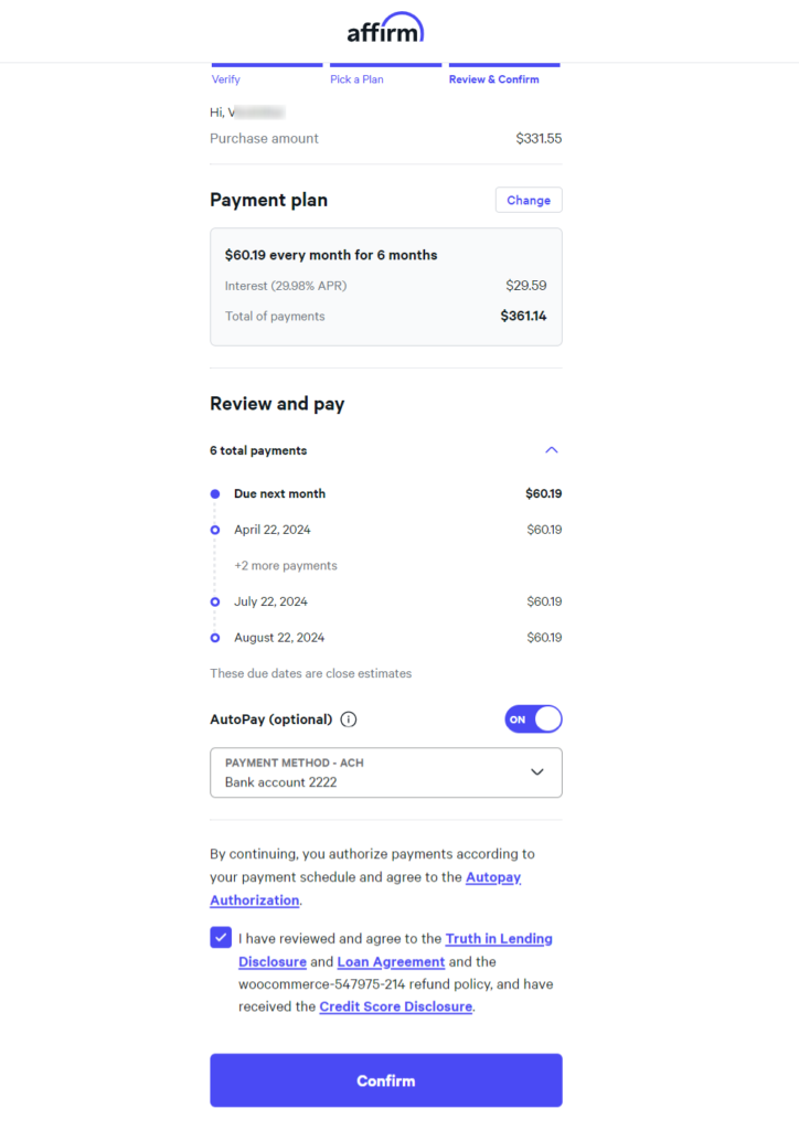 Testing woocommerce affirm payment - save and review the payment plan with the option to enable auto-payment from your bank account