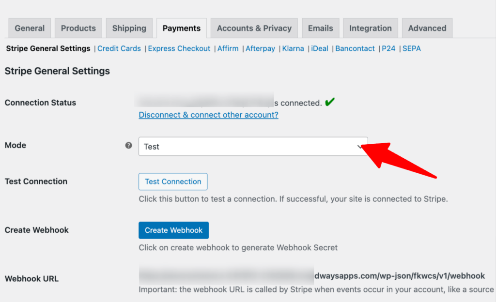 select test mode to test Afterpay payment in WooCommerce using Stripe