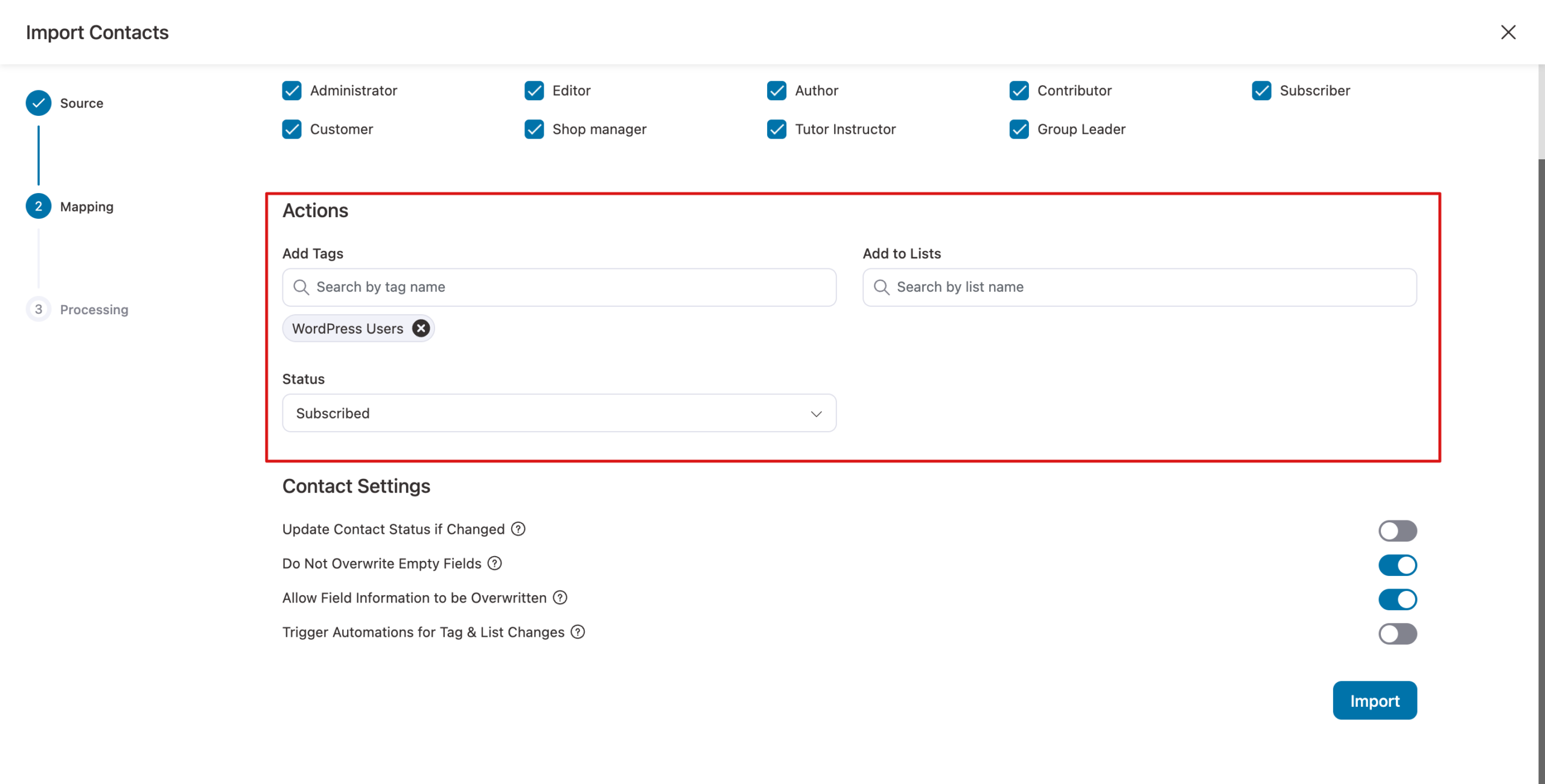 set actions for wordpress users