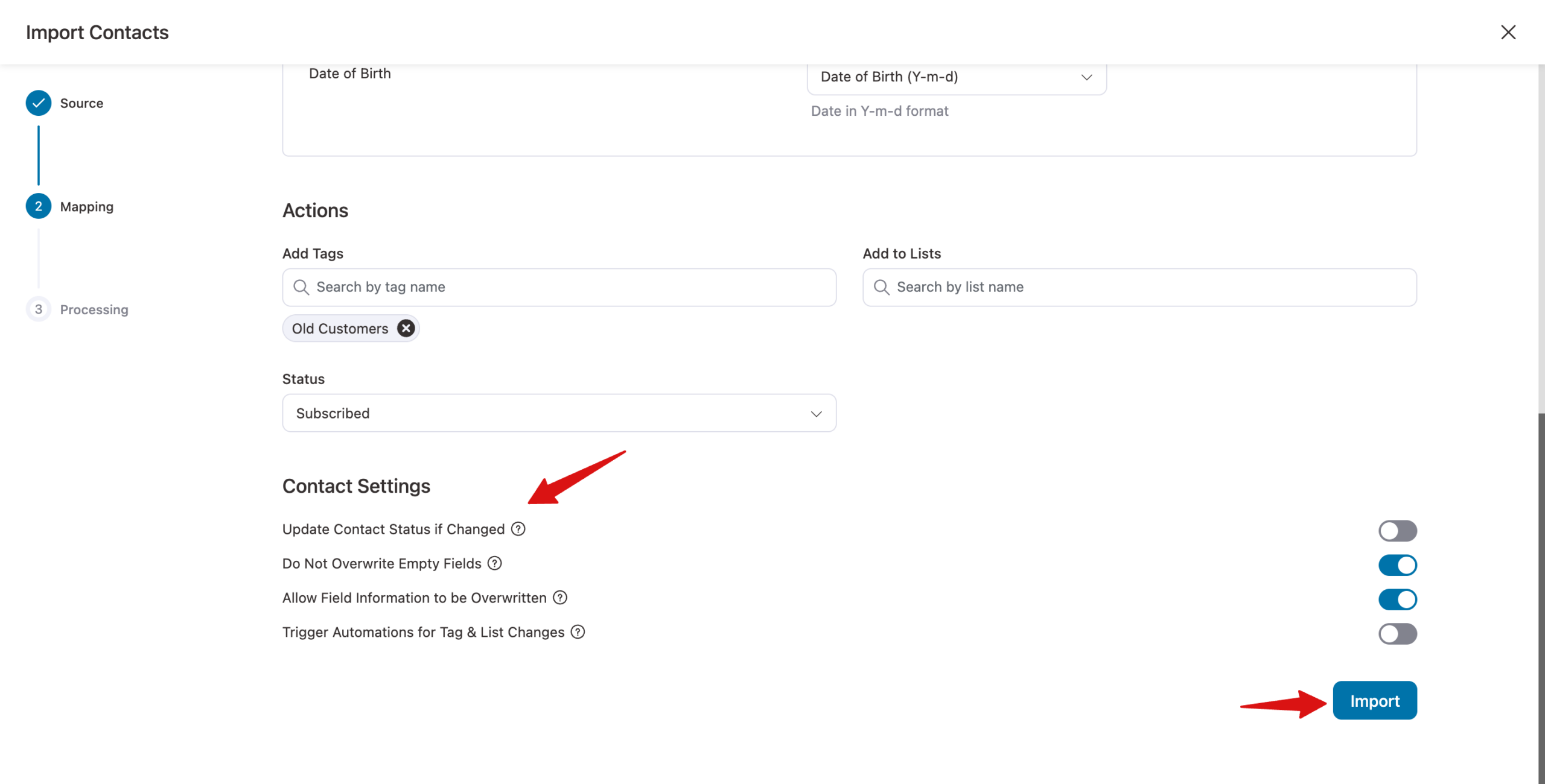 set contact settings and hit import from csv