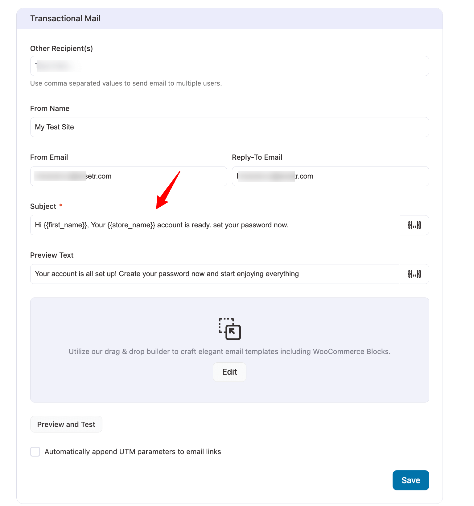 set up subject and preview text for WooCommerce new registration email