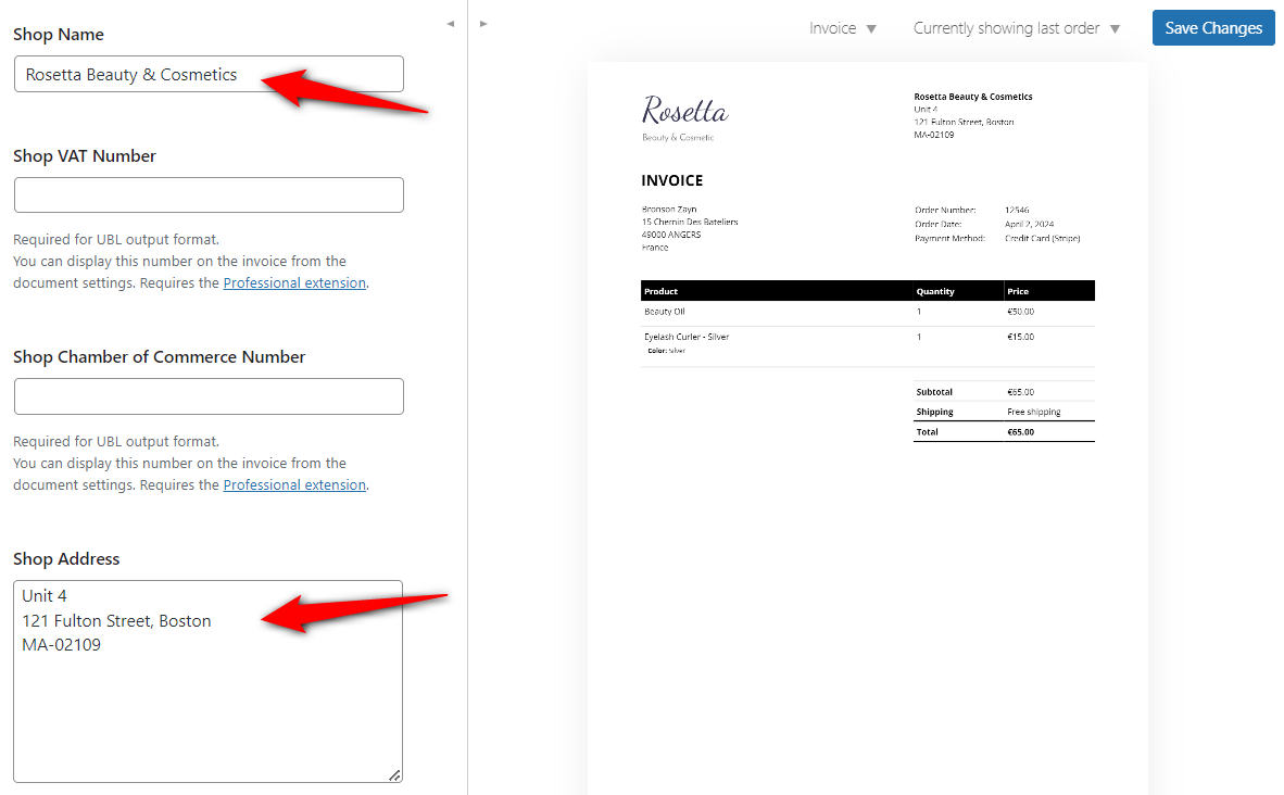 Customize woocommerce pdf invoice and packing slip - enter business name and address