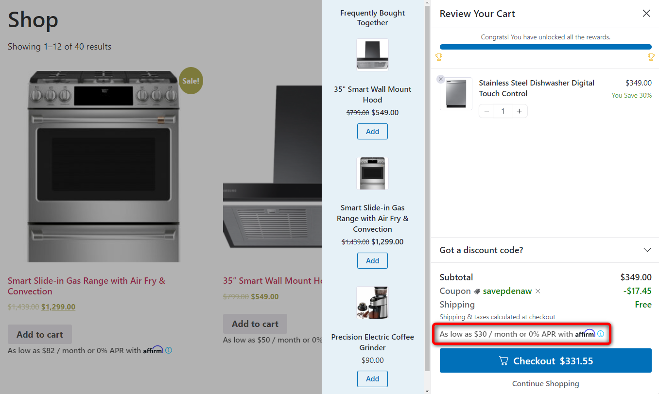 WooCommerce affirm message location inside the sliding shopping cart