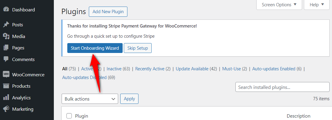 Start onboarding wizard to start the WooCommerce-Stripe connection process