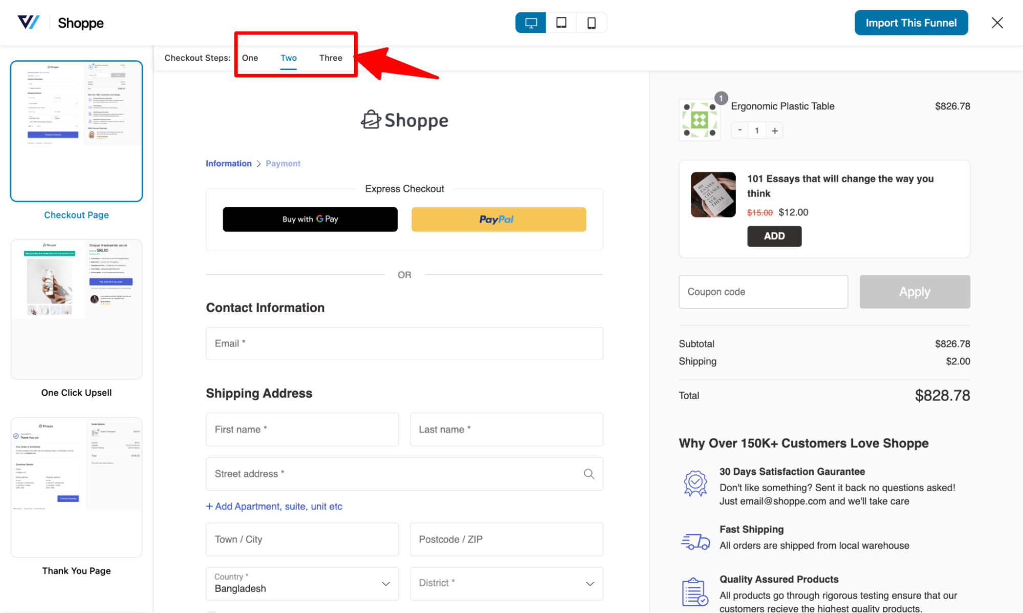 choose steps of checkout page