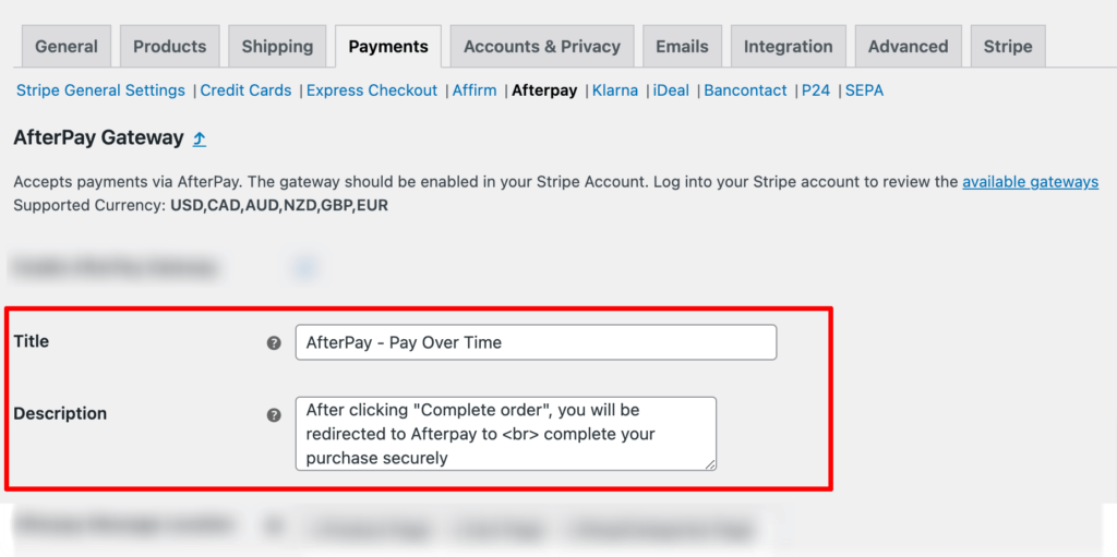 title and description customization of Afterpay