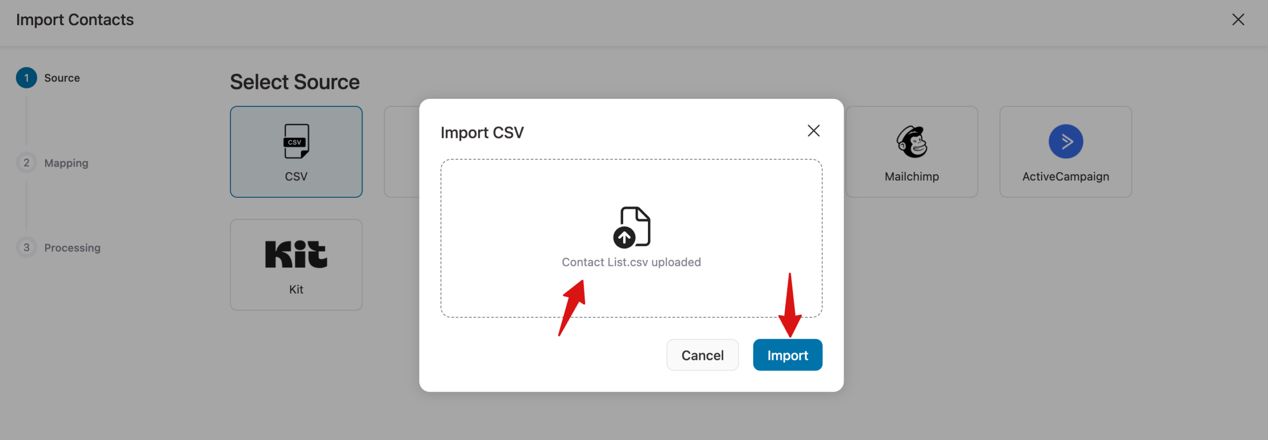 upload csv and hit import