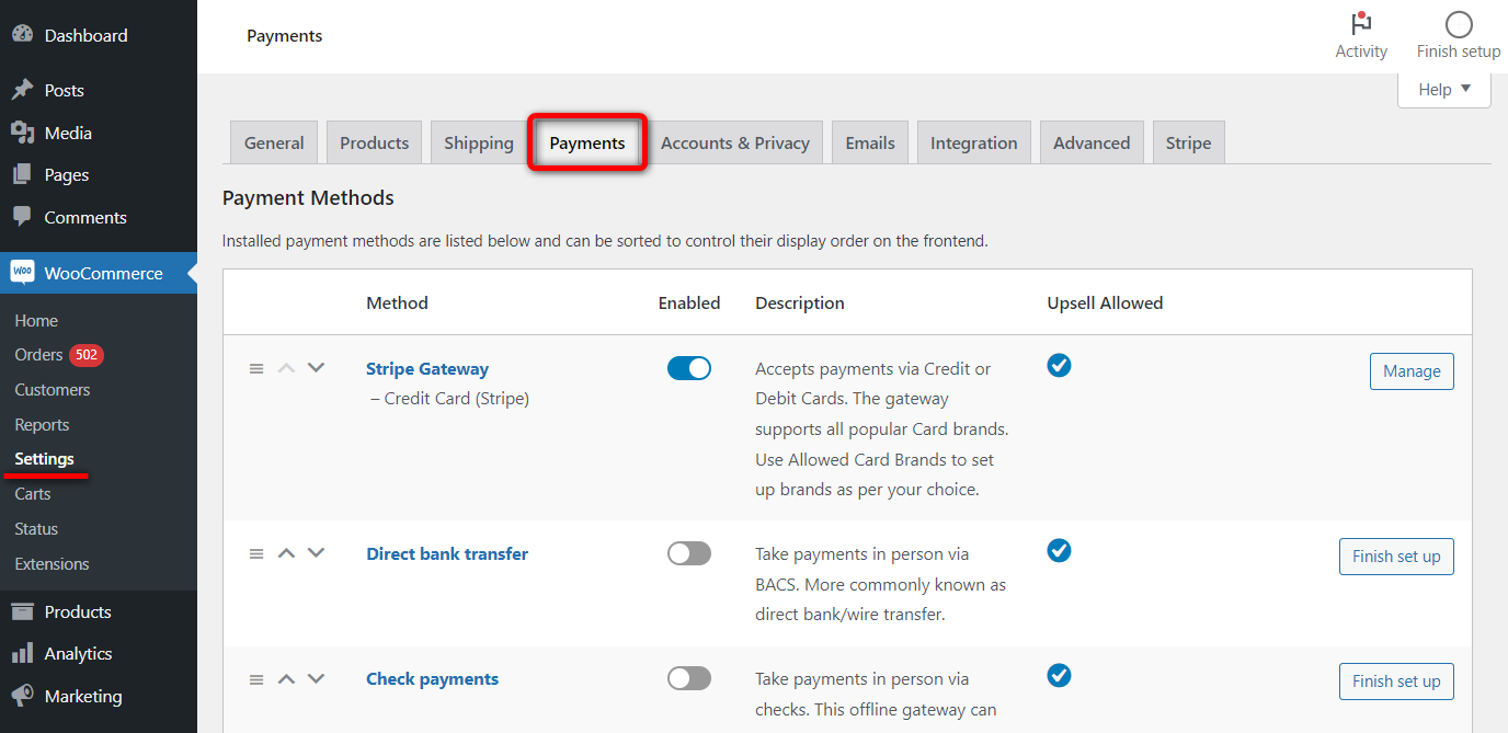 Navigate to woocommerce payment settings