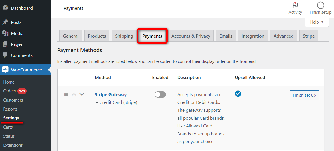Navigate to woocommerce - settings - payments section