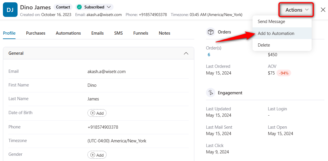 Under the contact profile, click on the actions dropdown and hit the add to automation button