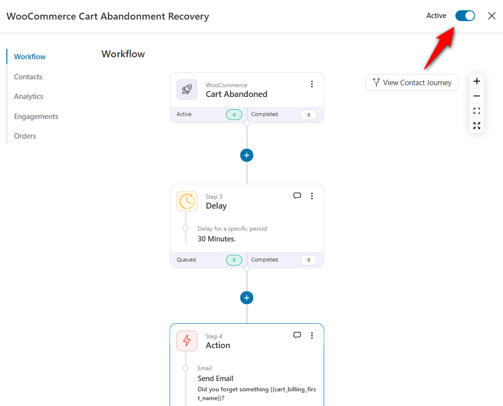 Enable your woocommerce cart abandonment automation to active