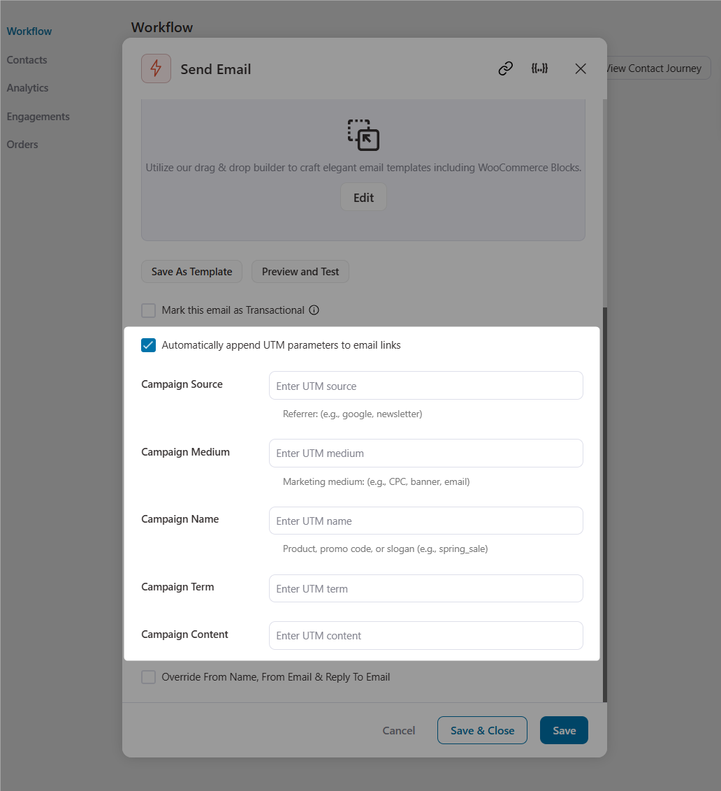 Enable automatically append UTM parameters to email links