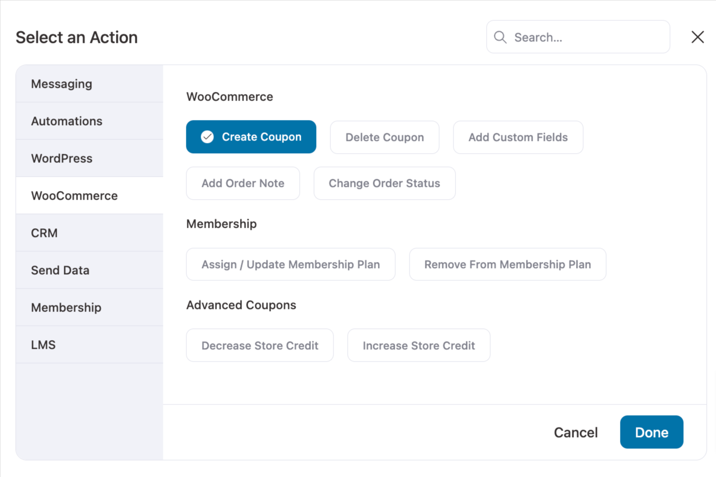 choose create coupon action of FunnelKit Automations CRM