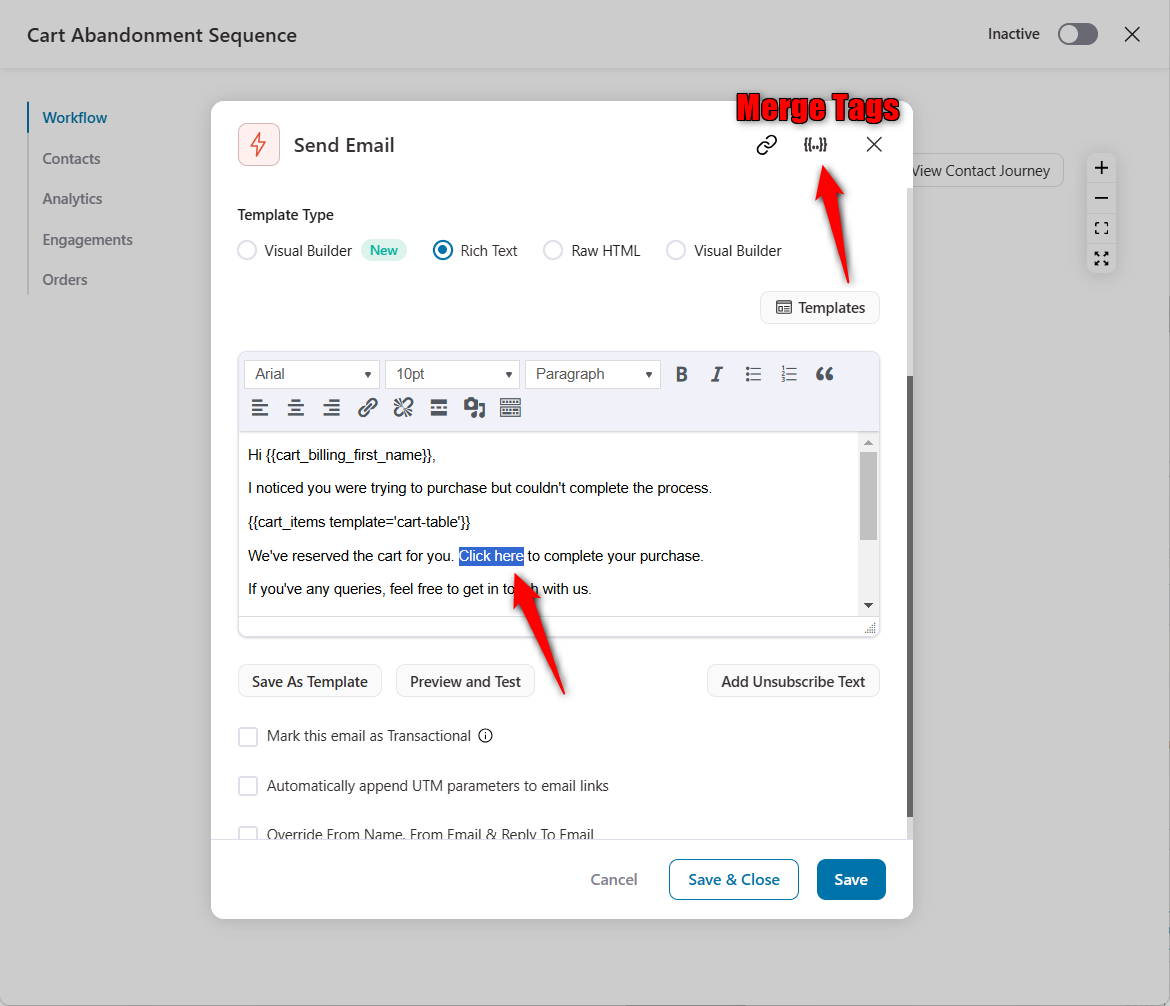 Start composing your email and then click on Merge Tags