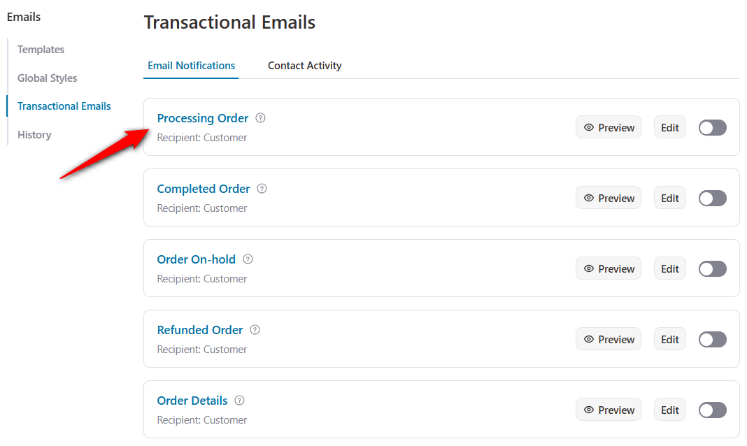 click on the processing order email notification to start customizing it