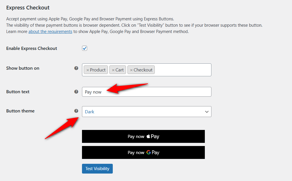 selecting which pages you want to display the express payment options on