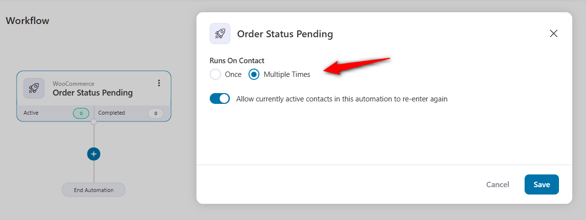 Configure your event trigger for automation runs on a contact to help set up woocommerce order notification email