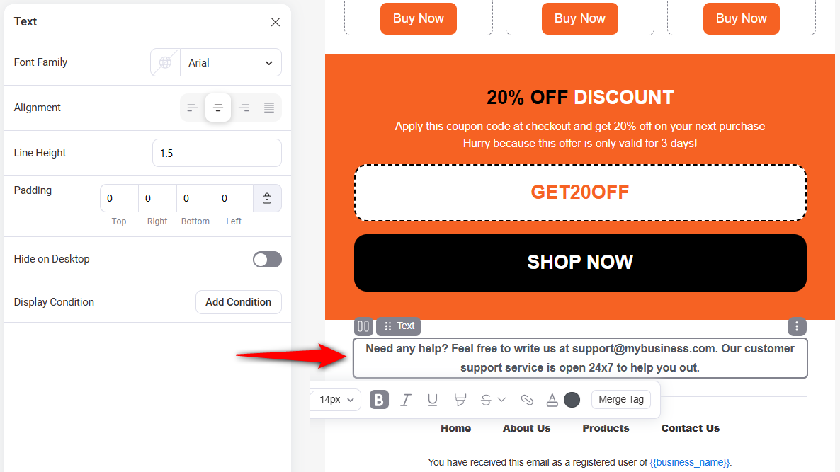 WooCommerce Email Customizer - Add the support section through text content block to your email