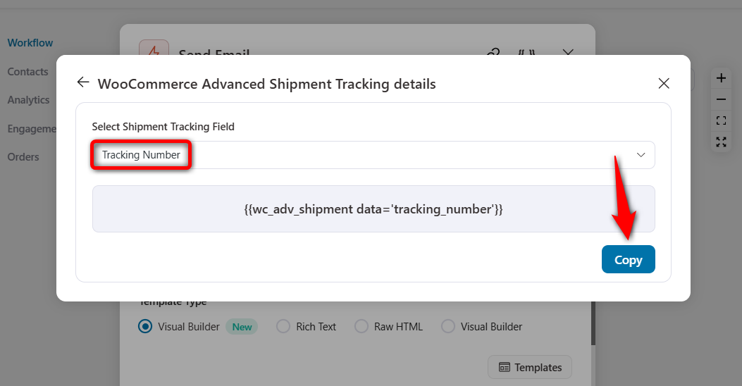 Copy the tracking number field merge tag