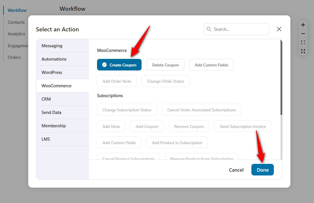 Select Create Coupon as the action under WooCommerce