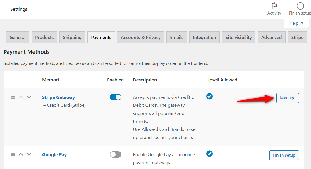 managing Stripe gateway (credit cards)