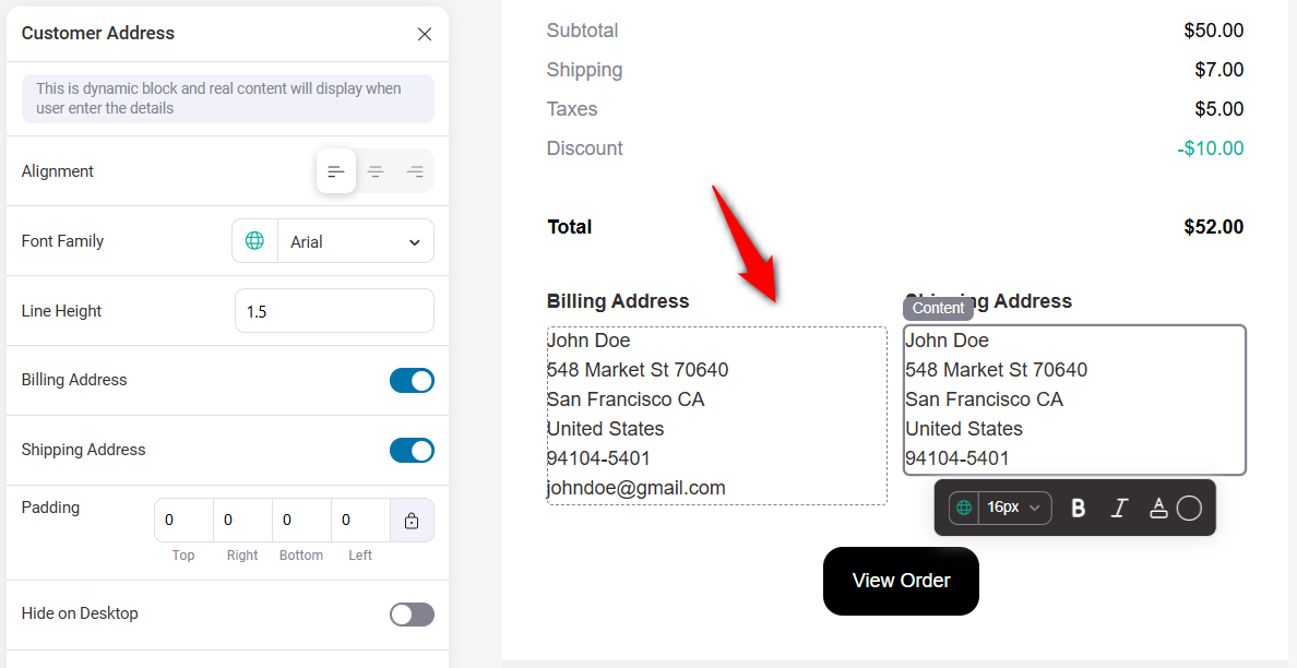 customize the customer billing and shipping address section in the woocommerce order confirmation email