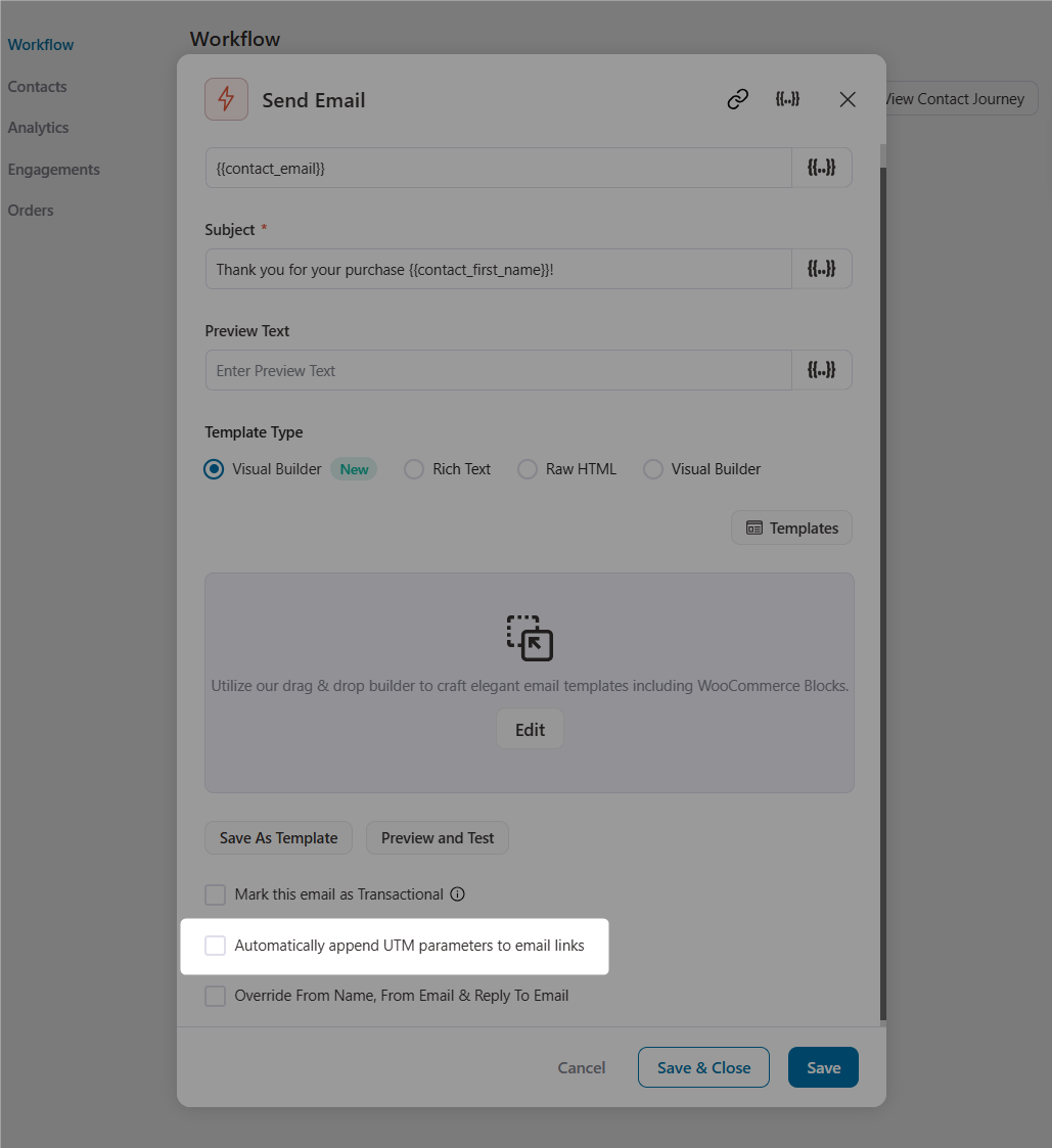 Check the box to add UTM parameters to the links in FunnelKit Automations