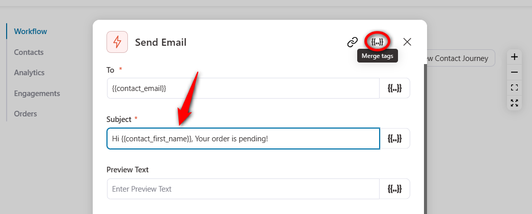 Set up your email by entering the recipient email address using merge tags, subject line and email preview text