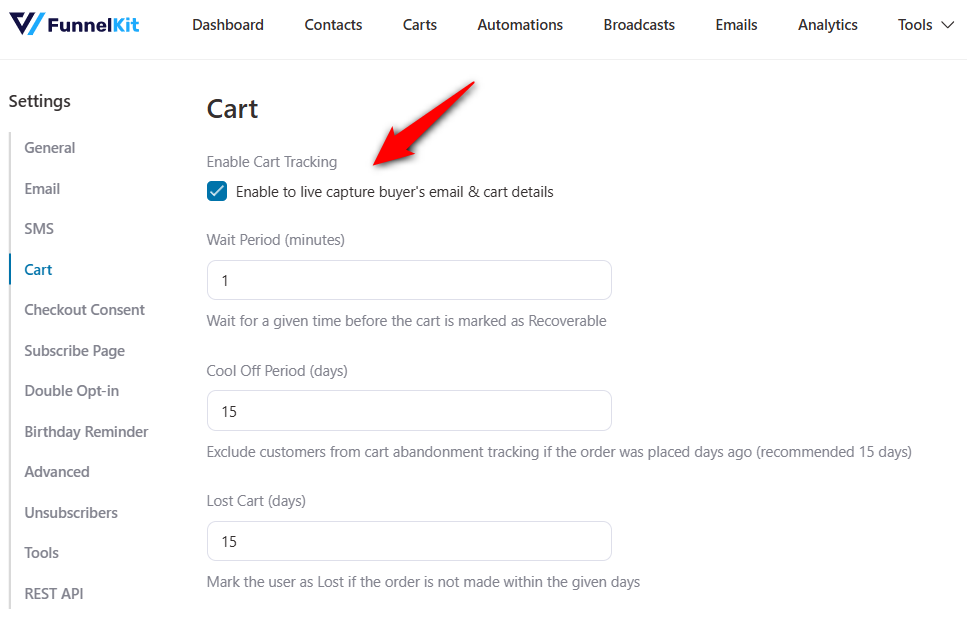 Enable cart tracking in FunnelKit Automations