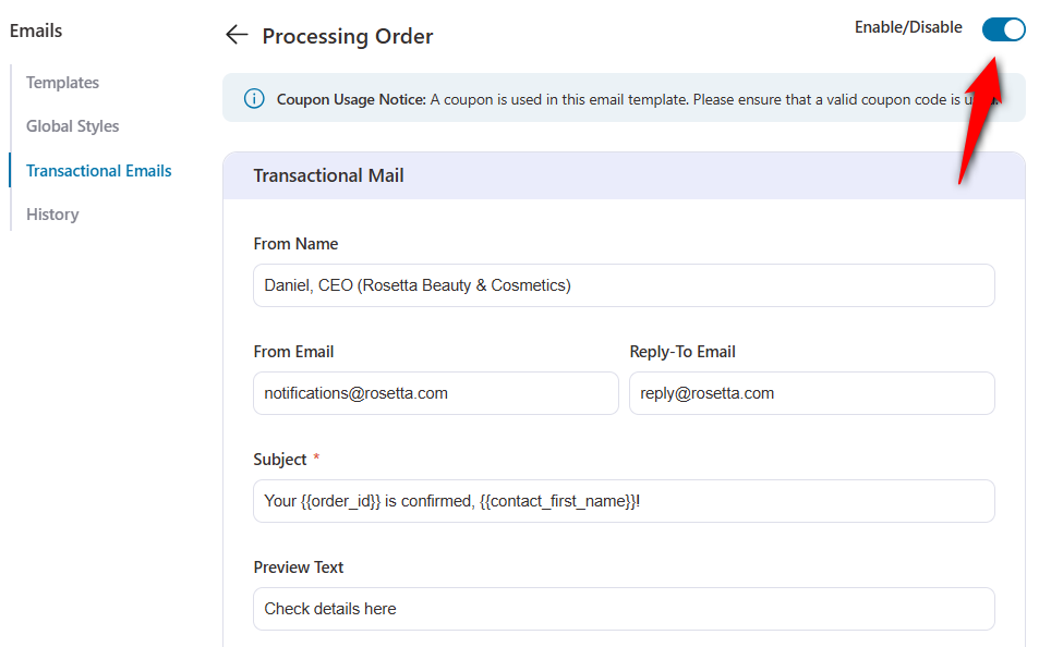 enable custom processing order email notification 