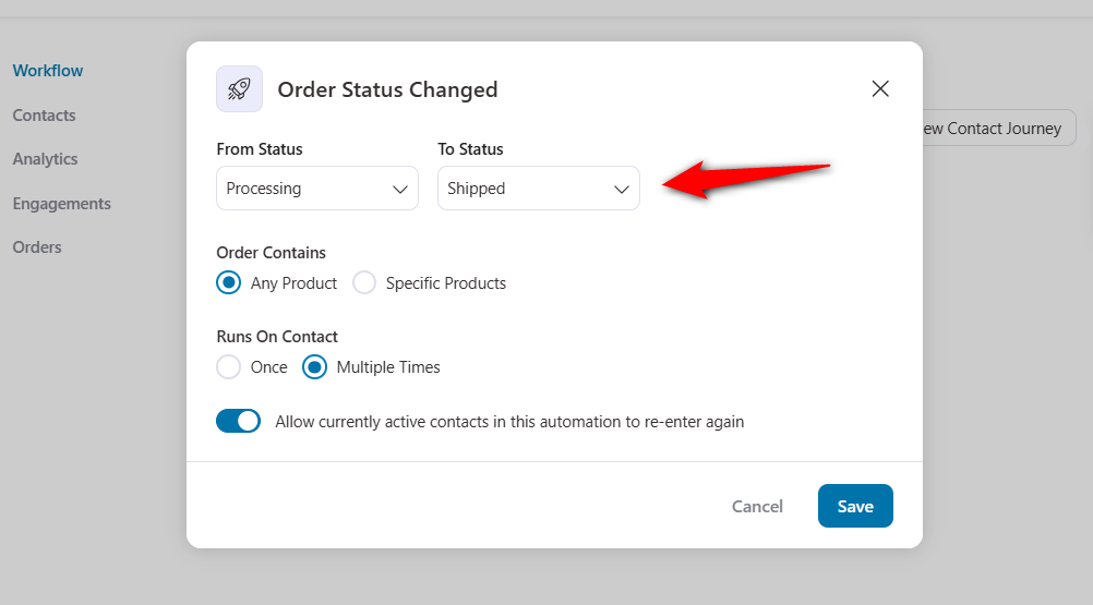 Configure order status changed event - define the from status and to status there