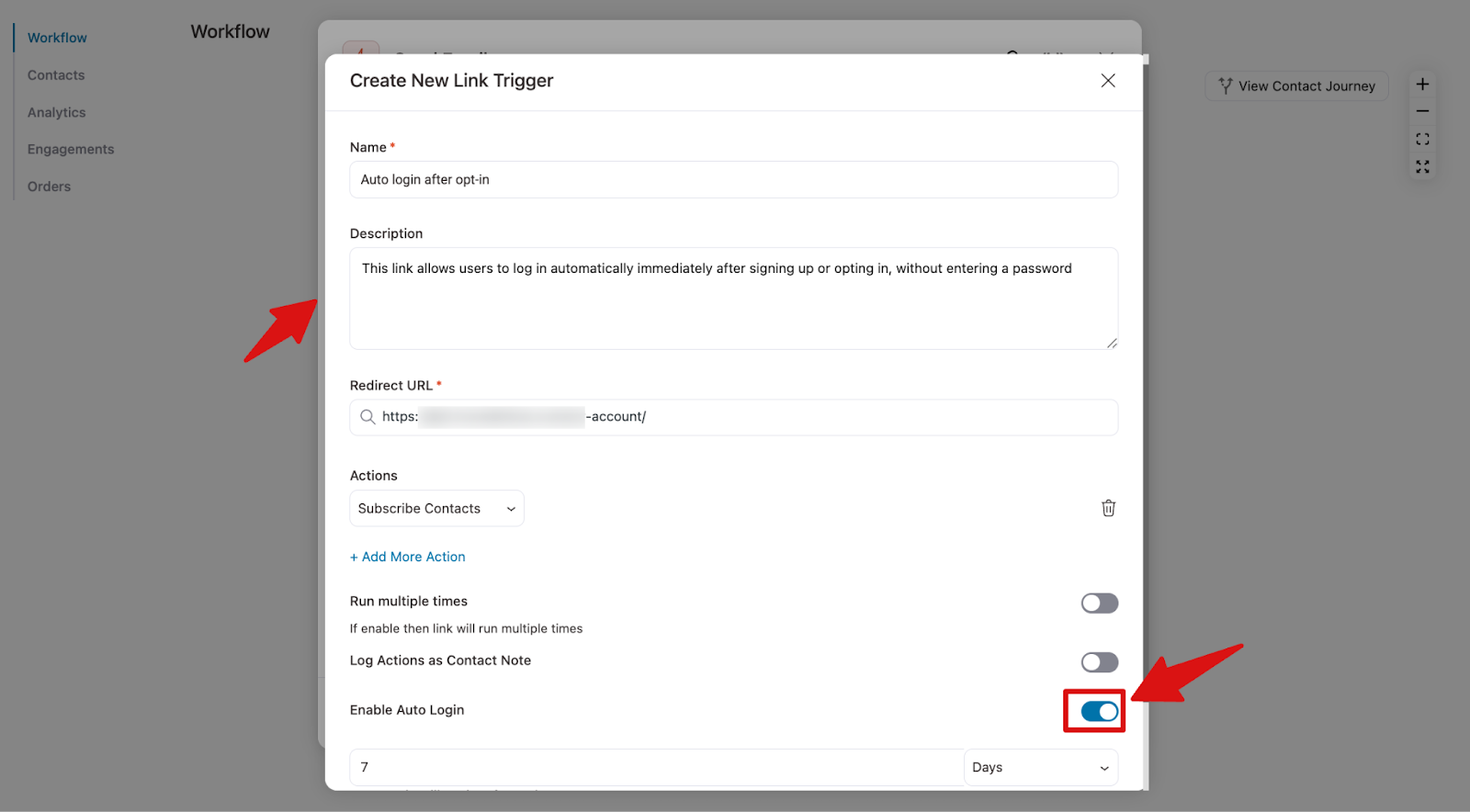 Creating link trigger with auto login enabled