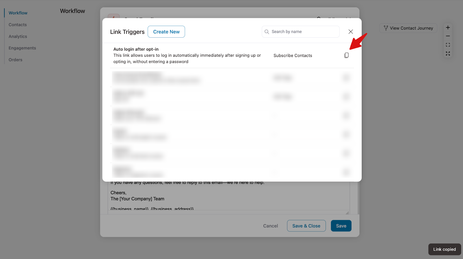 Copying the generated link trigger URL