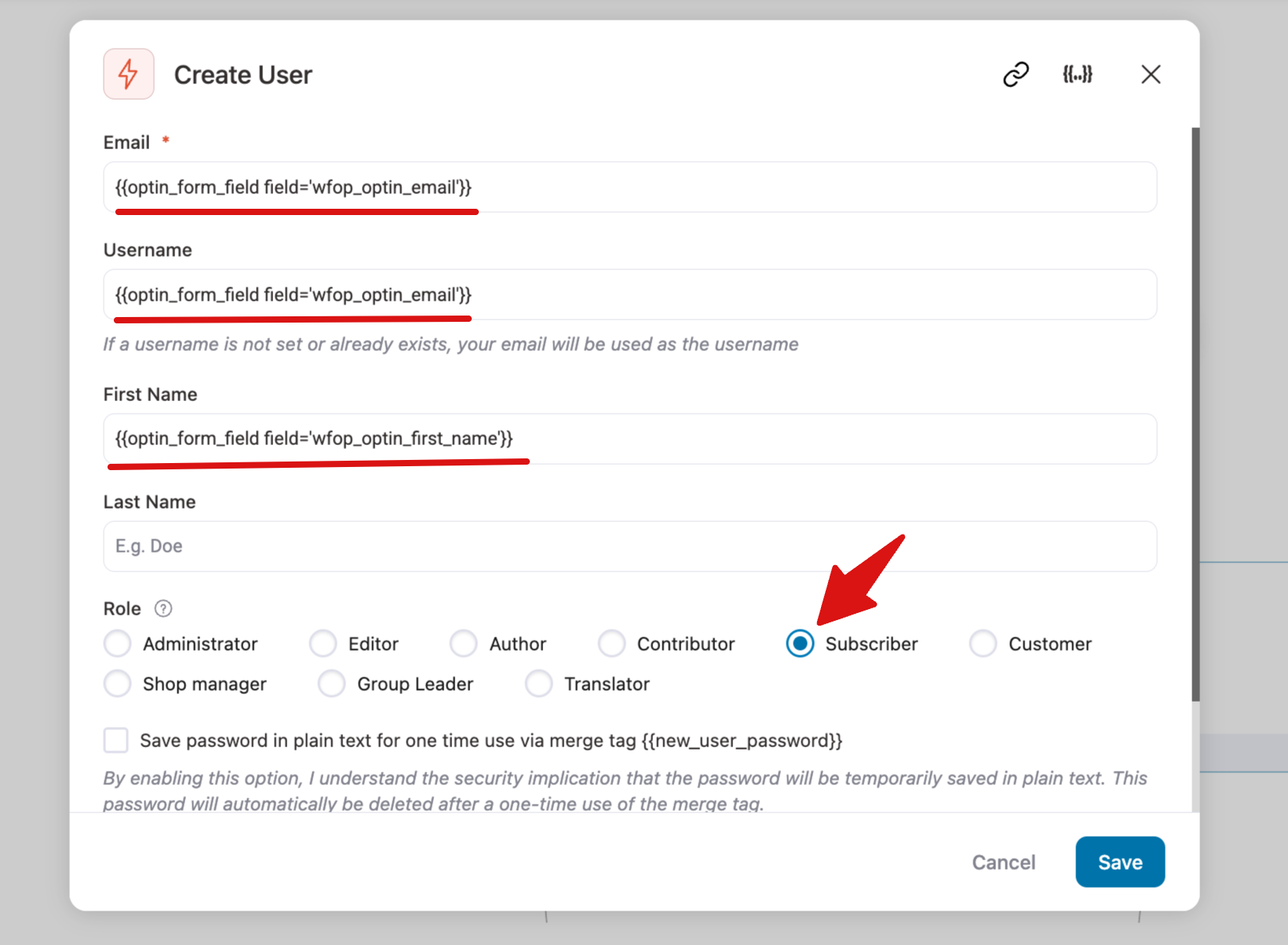 Configuring Create User action with Subscriber role