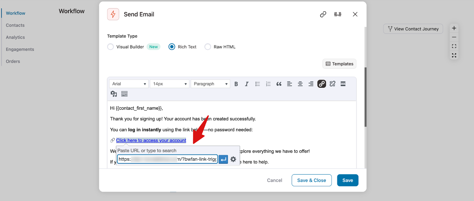 Inserting link trigger into email anchor text