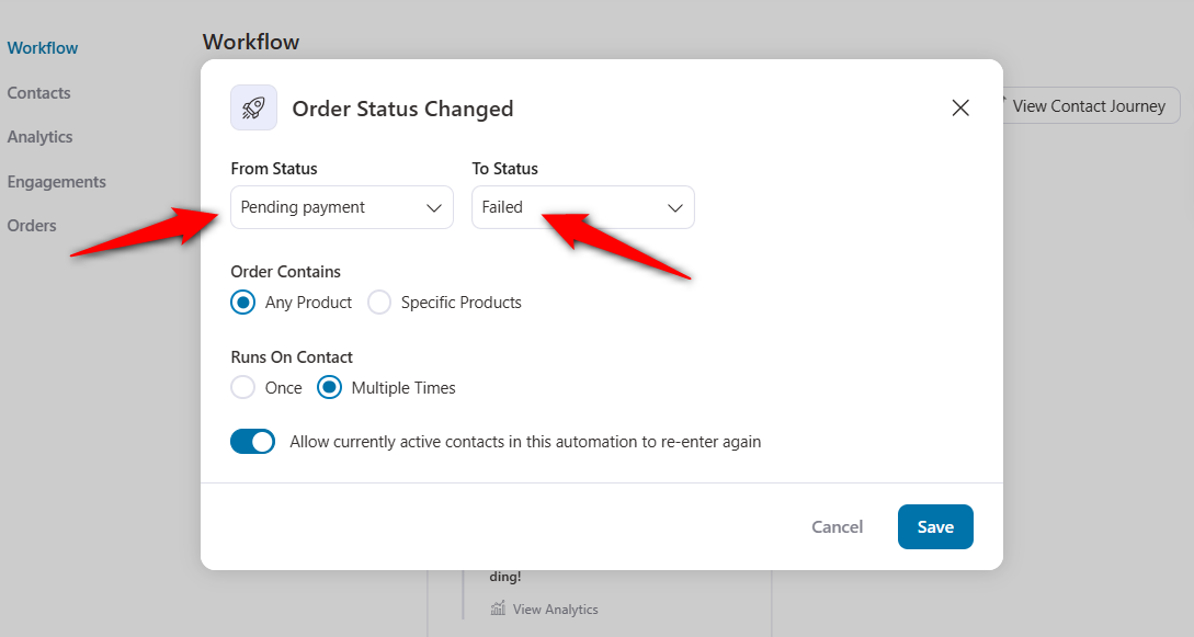 Specify the from status - pending and to status - failed for your woocommerce order notification emails