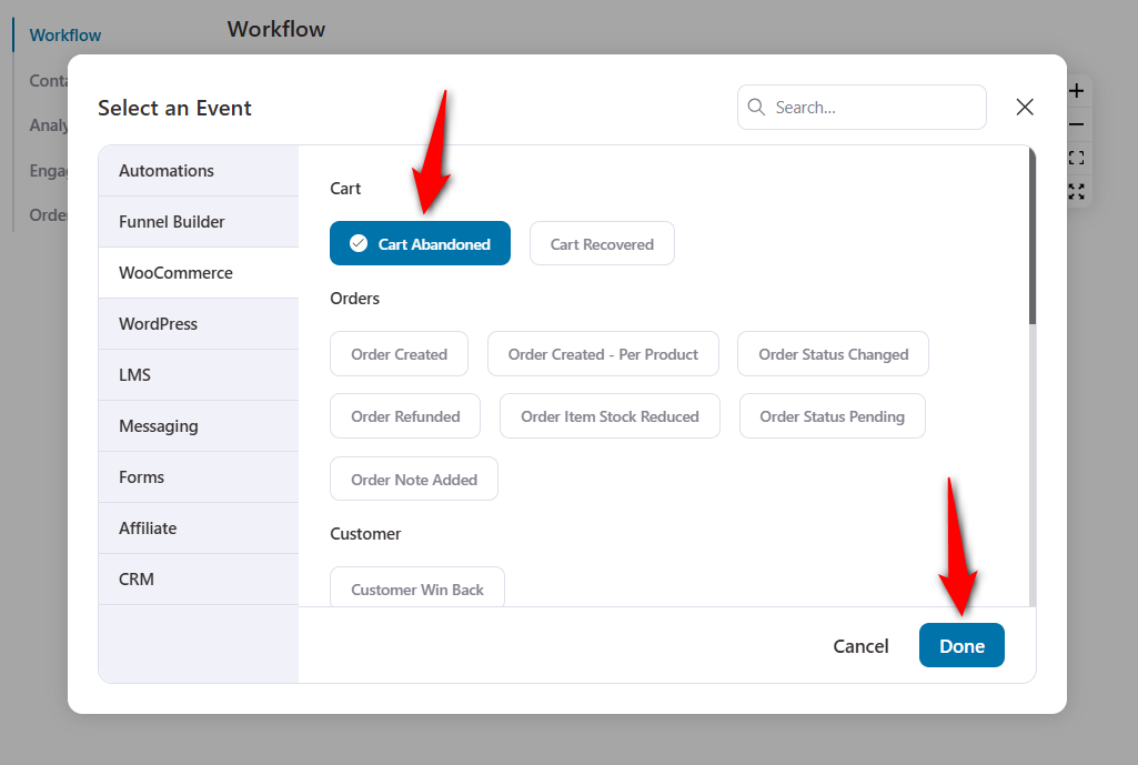 Select the Cart Abandonment under WooCommerce from the events