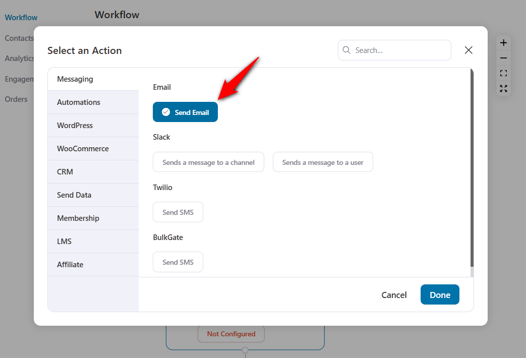 Choose the 'Send email' action under Messaging