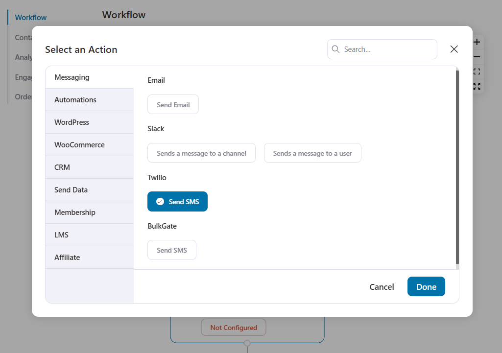 Select the ‘Send SMS’ action from the workflow